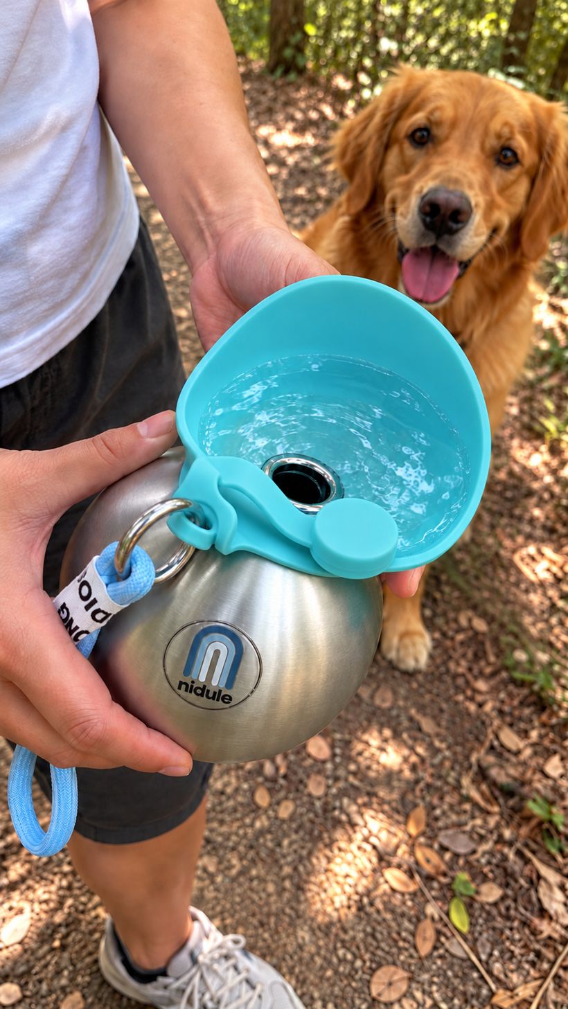 Nidule portable dog water bottle with turquoise silicone bowl