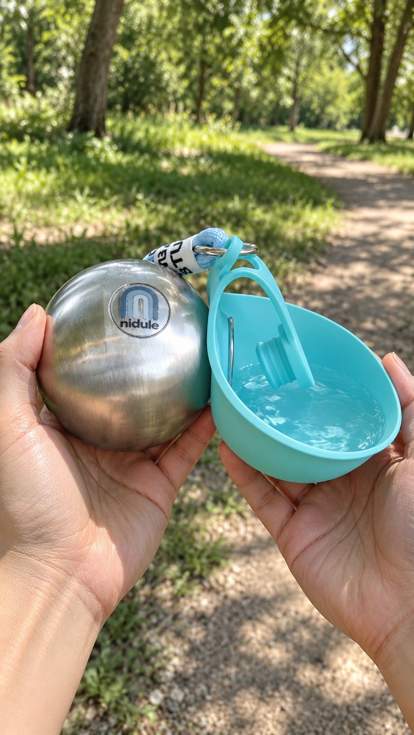 Nidule bottle opened next to its silicone bowl filled with water