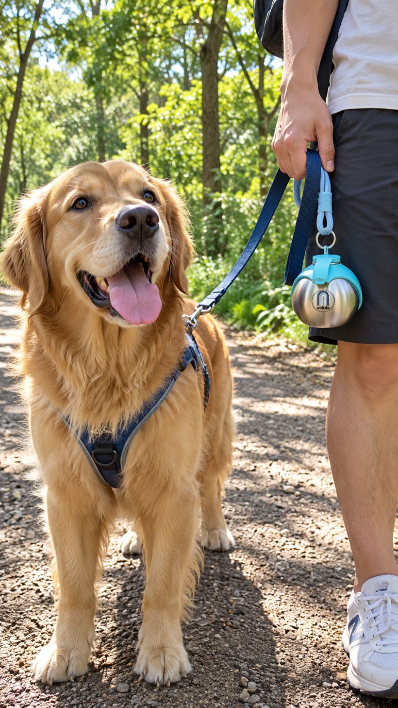 Nidule bottle clipped to the leash on a walk