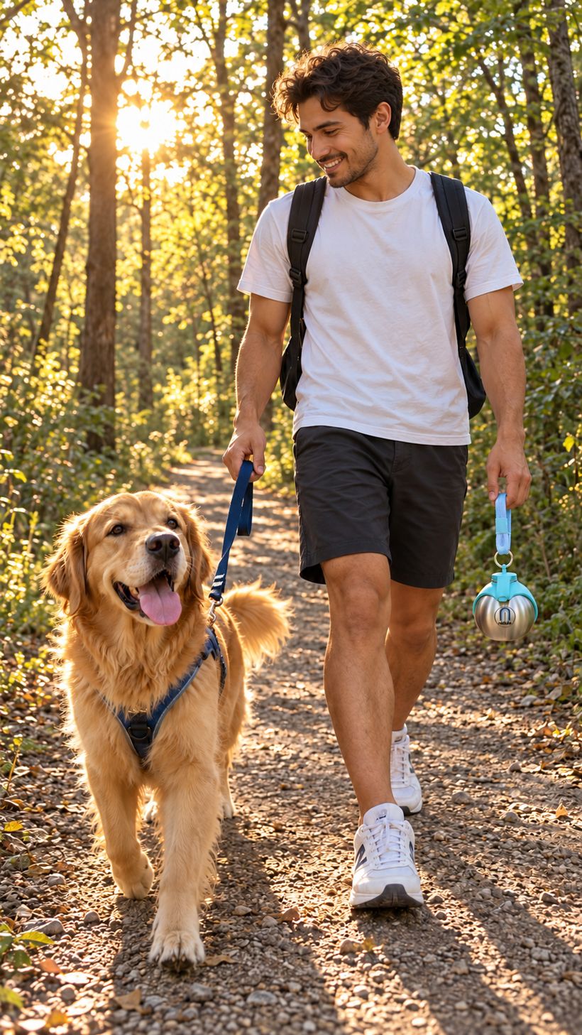 Man walking his golden retriever on a trail with the Nidule bottle