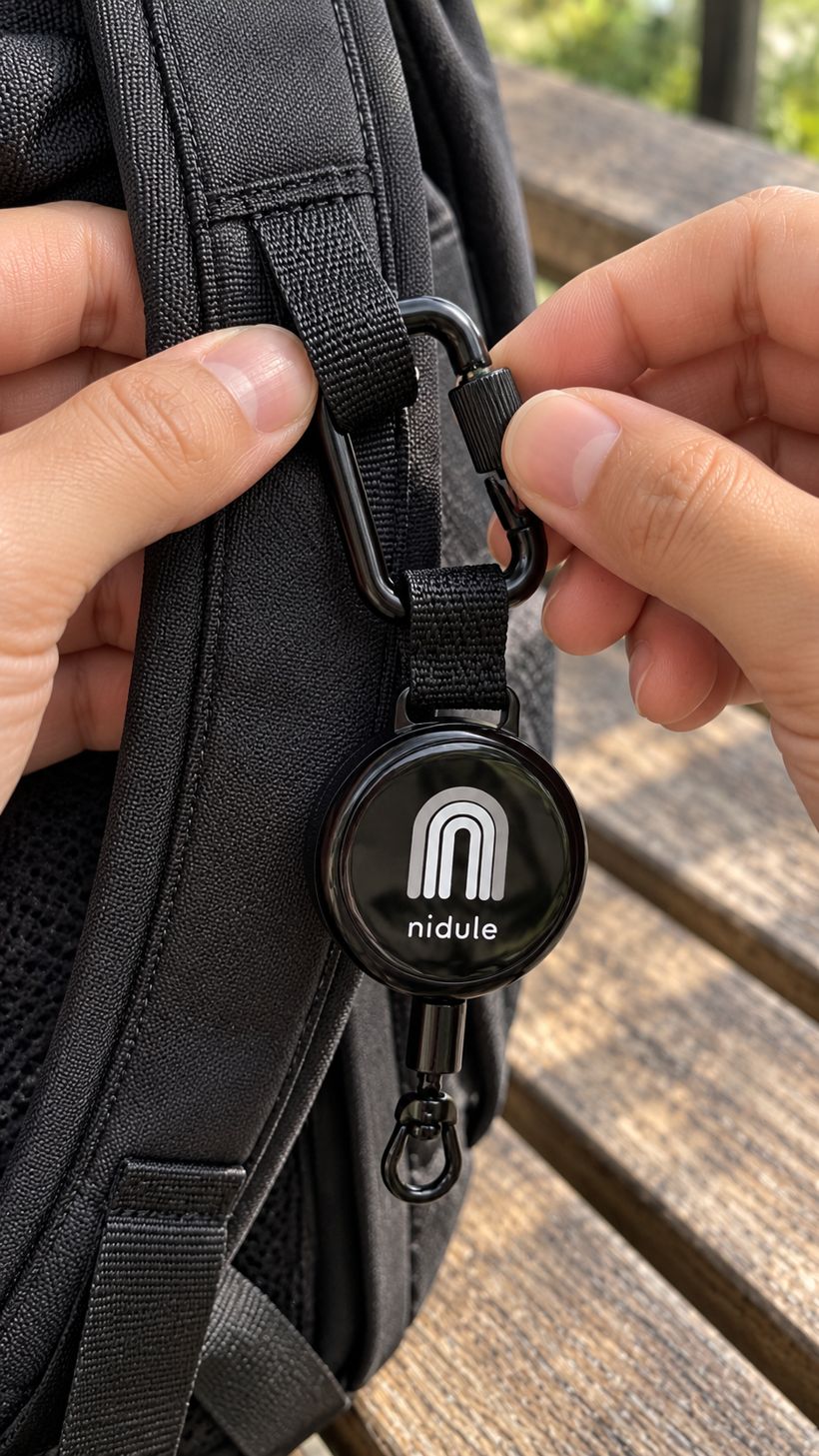 Nidule anti-theft phone tether with carabiner, retractable reel and phone tab