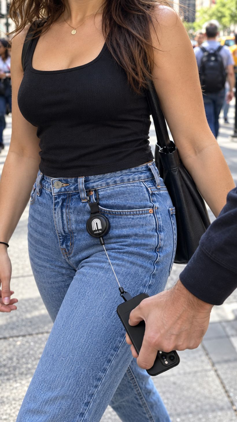 Someone tries to grab the phone, but it stays tethered