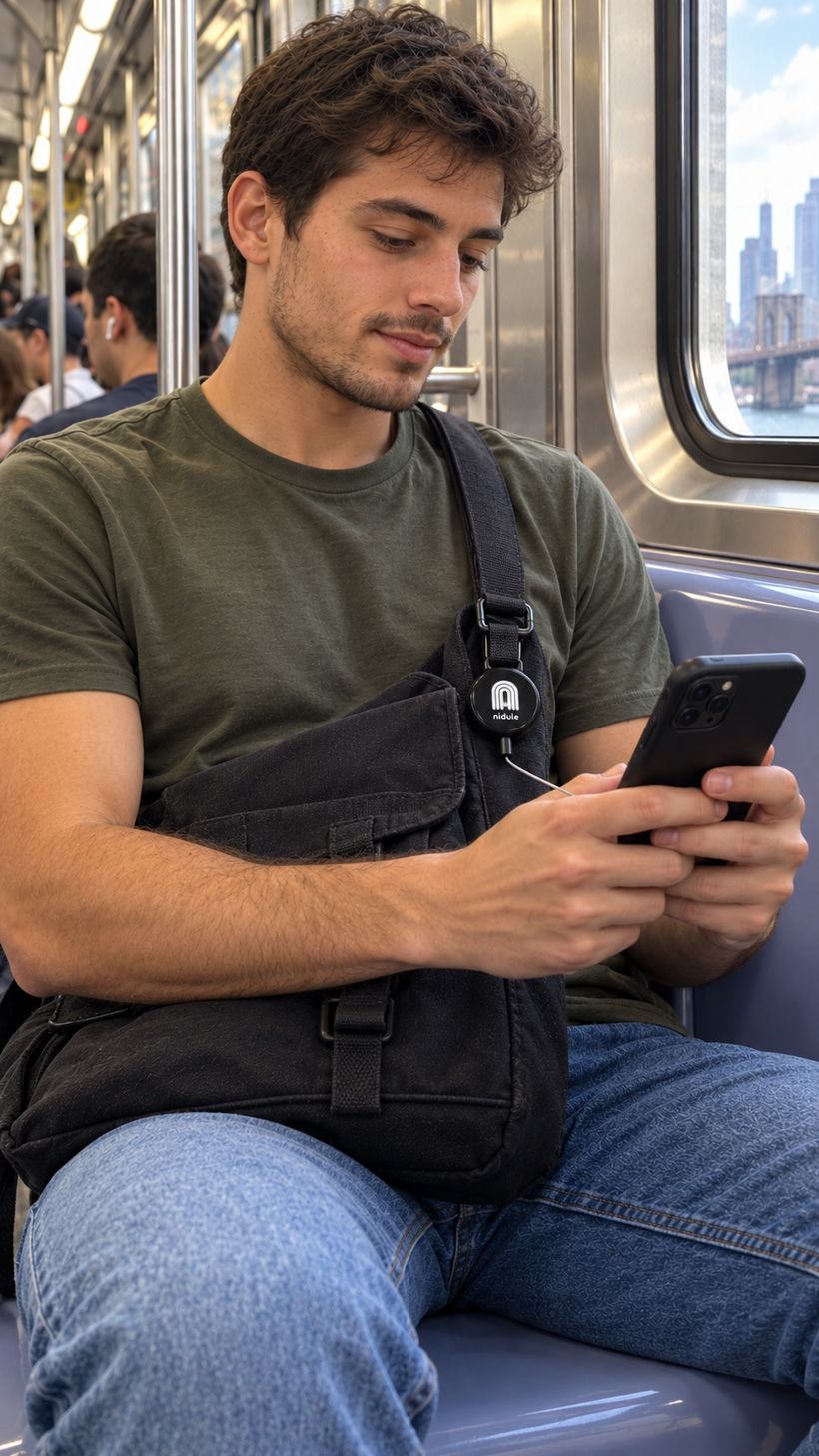 Man on the subway with his phone tethered to his bag